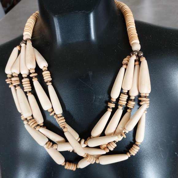 FASHION JEWELRY Women's Oblong/Round 4 Strands Wood Beads Necklace - Ivory/Tan - Picture 1 of 9